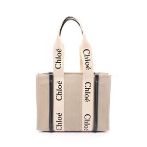 Chloe Woody Tote Bag canvas leather Beige Tan black